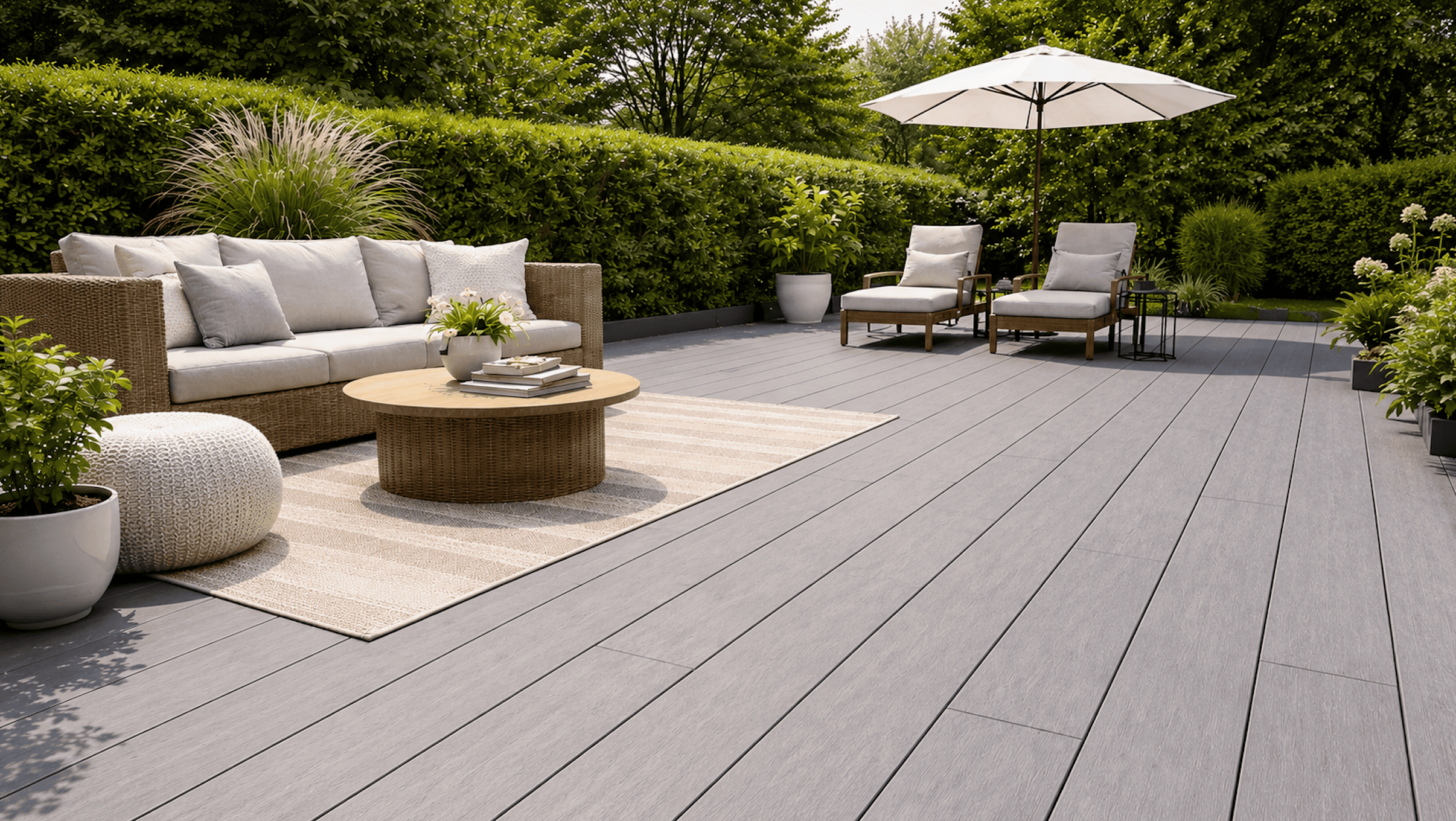 Terraza exterior con piso deck gris y mobiliario moderno para jardín.